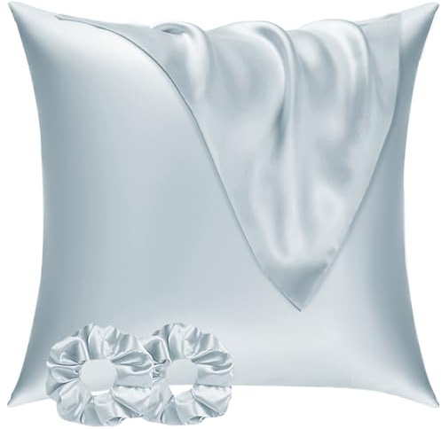 Vielit Satin Kissenbezug 80x80 2er Set & 2 Haargummis, Satin Kopfkissenbezug 80x80 Hellblau, Weich wie Seidenkissenbezug 80x80,Bessere Pflege als Silk Pillosecase,Kissenbezug für Haar und Haut