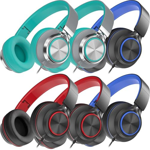 MIXCU Headphones Wired 6 Pack Bulk with Microphone, Over-Ear Headsets for School Kids Teens Adult Chromebook Computer, 3.5mm, Foldable, No-Tangle Cord, Comfortable