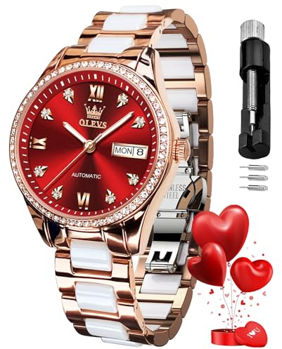 OLEVS Automatikuhren für Damen, Diamant-Mode, elegantes Kleid, mechanisch, selbstaufziehend, Datum, Damen-Armbanduhr, luxuriös, rotgold, zweifarbig, Keramikuhr, wasserdicht, leuchtend, Rot/Ausflug,