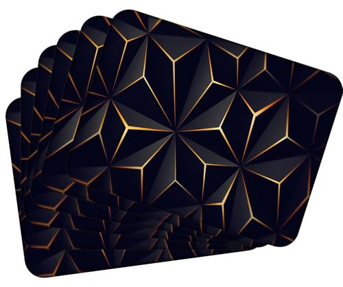 Tischset Satz mit 6 Stück 40x30 cm Low Poly Black and Gold Tischuntersetzer Abwaschbar - Hitzebeständige Korkrückseite hält Temperaturen von 100°C stand, verrutscht nicht - Platzdeckchen für Die Küche