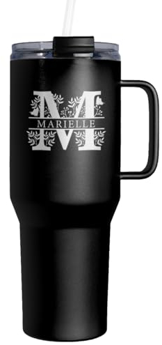 Großer Trinkbecher mit Strohhalm Personalisiert | 1200ml Thermobecher mit Deckel und Strohhalm | Trinkflasche mit Gravur | Spülmaschinenfest | Ostergeschenke für Frauen | Schwarz Monogramm