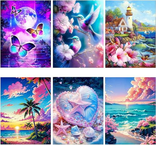 WHATWEARS 6 Stück Diamond Painting Set für Erwachsene, Diamond Painting Bilder Landschaft Tiere, DIY 5D Diamond Malerei für House Wall Dekoration(30x40cm)