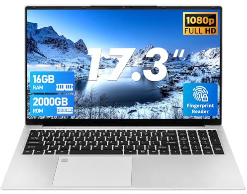 UDKED 17.3 Laptop, Celeron N5095 (Up to 2.9 GHz) 180° opening and closing Notebook PC,Large FHD IPS display, 16G RAM DDR4, HDMI, Fingerprint recognition,Backlit Keyboard (Silver, 16G+2000G)