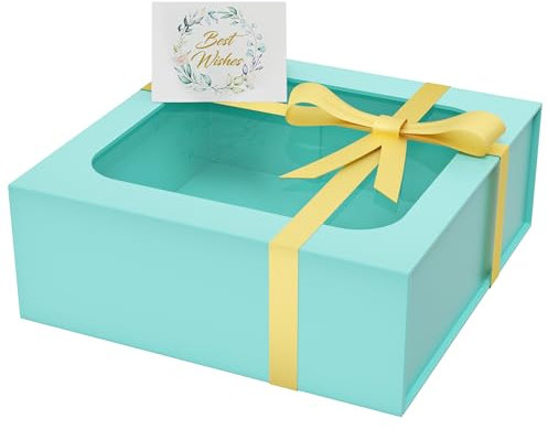 PSHVYM Geschenkbox mit Fenster, 19,1 x 19,1 x 7,6 cm, in türkiser Geschenkbox für Geschenke, magnetische Deckel, zusammenklappbar, für Brautjungfer, Antragsbox, Hochzeit, Geburtstag, Weihnachten,