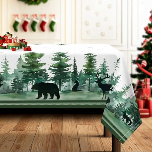 Arquiel Tischdecke Weihnachten, Winter Grünes Waldland Tischtuch Abwaschbar Rechteckige Pflegeleicht Tischdeck FüR Küche Parteien Dekoration Hochzeit Festival(152 x 213 cm)