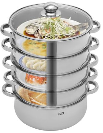 DAOHHFO Edelstahl Dampfgarer 28CM Dampfkocher mit Glasdeckel 5 Etagen 45CM 5 Lagiger Dampfkocher Induktion Kochtopf Dampfgarer Edelstahldampfer Nudel Bio Dampfgarer Heim KüChenherd
