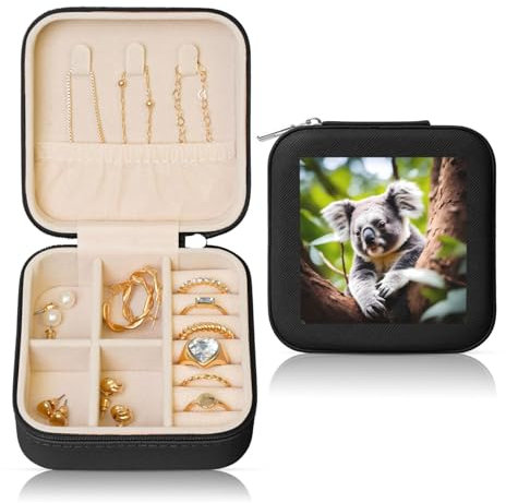 PHAYAH Happy Cute Koala quadratische Reise-Schmuckschatulle, Leder-Schmuck-Ring-Organizer für Mädchen, Damen (schwarz)