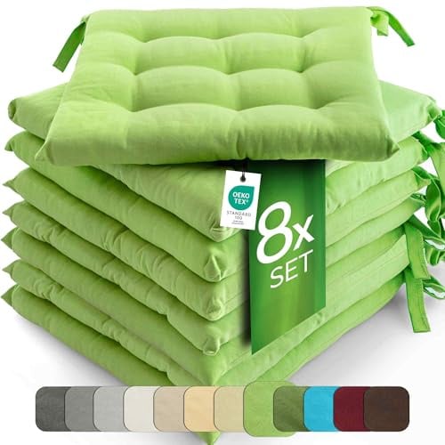 etérea 8er Set Sitzkissen Outdoor 40x40 mit Bändern - Stuhlkissen Grün für Gartenstuhl & Innenbereich - waschbare Sitzauflagen Gartenmöbel - 8 Stück Kissen 40x40 cm - Grün