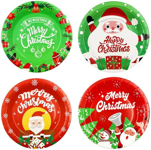 JJQHYC 40 Platos de Papel Navideños, Vajilla y Decoración de Mesa Para Fiesta de Navidad