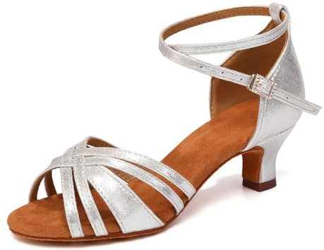 YCALCP Latein Tanzschuhe Damen Satin Standard Tanzschuhe Ballsaal Party Salsa Tanzübung Performance Schuhe,811-Silber-5cm,EU 38.5