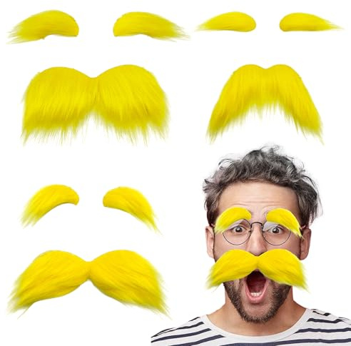 UILYNIU 3 Pièces Jaune Fausse Moustaches et Sourcils, Fausses Barbes pour Adultes, Moustache Collante pour Décorations de Fête Masquée Accessoires de Fête Soirées Costumées Fête