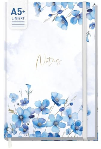 Häfft paper&you® Notizbuch A5+ liniert Journal Blue Blossoms | 156 linierte Seiten, 100g/m² Papier, Gummiband & Lesebändchen - Notebook, Schreibbuch, Tagebuch für kreative Notizen