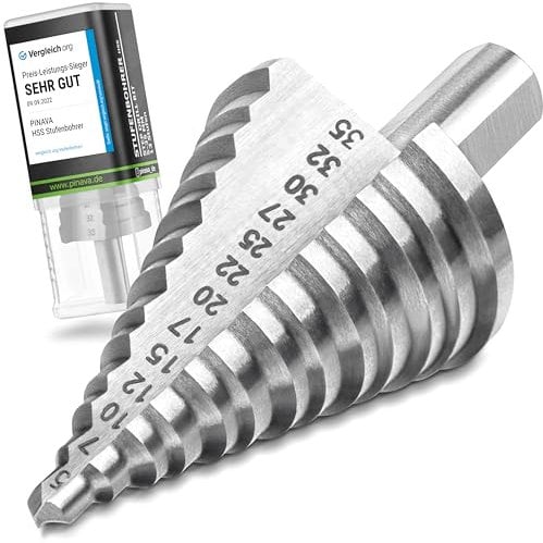 Pinava® HSS Stufenbohrer [10mm Schaft] - Passt in jedes Bohrfutter - Kegelbohrer Ø 5-35mm - Schälbohrer ideal für Metall, Holz, Kunststoffe - 13 Stufen Konusbohrer