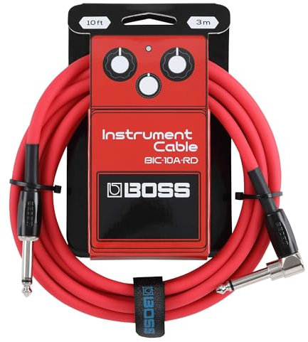 BOSS BIC-10A Series, Instrument Cable, Straight to Right-Angle ¼-Inch Connectors, 10ft./3m Length, Cables for Guitar, Bass & More, Quiet Operation & Durable, Red