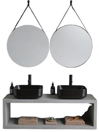 MONDO VIRO Hängender Badezimmerschrank Naxos 120 cm – Grau, Doppelwaschbecken quadratisch schwarz matt, runde Spiegel, modernes und elegantes Design, mit viel Stauraum