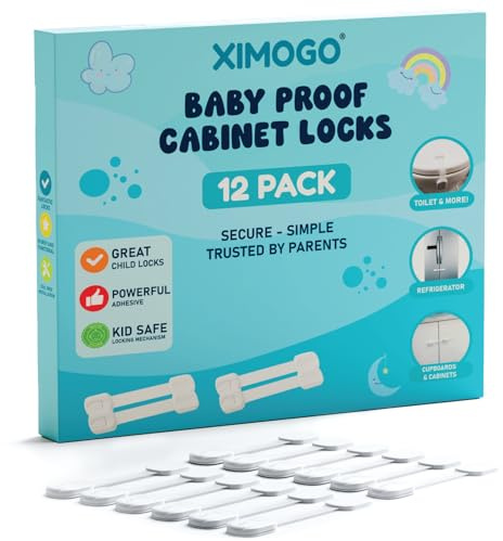 Ximogo® 12 Pack Cupboard Locks for Children – Kitchen Cabinet Child Locks | No drill adhesive install – secures cabinets, drawers, fridge & toilets | 12 locks + 4 extra adhesives included