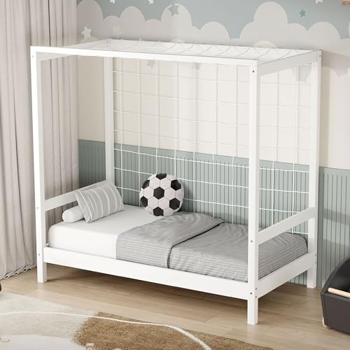 ML-Design Kinderbett Fußballtor 70x140 cm, Weiß, Einzelbett für Kinder, Holzbett mit Lattenrost und Tornetz, Jugendbett aus Kiefernholz, Bettgestell Holzrahmen, Fußballbett-Tor, Handballtor