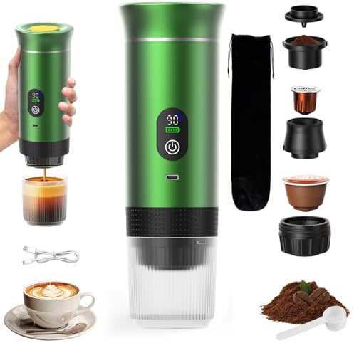 VHV Cafetière Portable 3 en 1,Rechargeable Cafetière Portable de Voyage,12V Expresso Machine a Cafe pour Capsule,Café Moulu,pour Camping,Bureau,Voyage, Maison, Voiture (Vert)