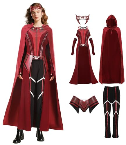 Huraogcos Damen Scarlet Witch Kostüm Wanda Maximoff Kostüm mit Kapuzenmantel, Jacke, Hose, Anzug, Kopfbedeckung, Halloween, Cosplay, Karneval Outfit
