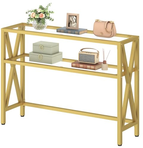 HOOBRO MMesa Auxiliar de Cristal, Mesa de Sofá con Dos Estantes, Mesita de Entrada con Estructura en X, Consola para Vestíbulo, Recibidor, Pasillo o Salón, Dorado EGD122XG01