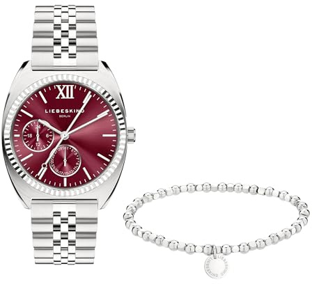 Liebeskind Berlin Set - Silberne Damenuhr mit Bordeaux-Zifferblatt und passendem Beads-Armband - Silber - Edelstahl - Analoge Armbanduhr mit Quarzwerk - 34 mm - 10 ATM - Kratzfest