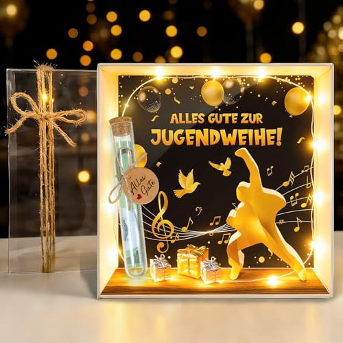Jugendweihe Geschenke für Mädchen Junge, Geldgeschenk Verpackung Geschenkbox mit LED Lichterkette & Reagenzglas & Karte, Jugendweihe Deko Schwarz Gold