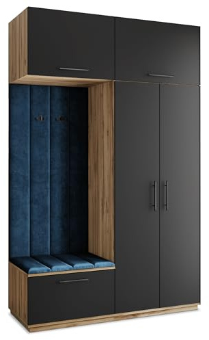 Masseno Flugarderoben Set Rema, Kleiderschrank-Set mit Sitzbank, Garderobenschrank Flur mit 5 Regalböden, Eiche Wotan/Schwarz