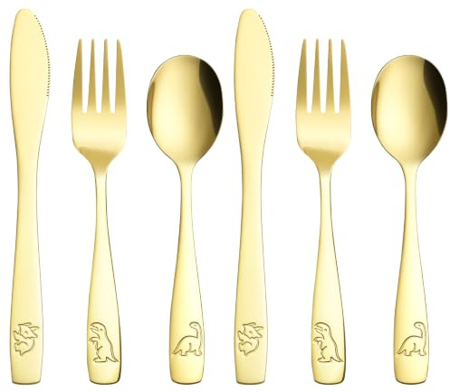 AUAUY 6Pzs Cubierto Acero Inoxidable, Diseño Dinosaurio Grabado, Dorado | Cubiertos de Acero Inoxidable Incluye 2 Tenedor, 2 Cuchillo de Cena Seguro, 2 Cuchara, para Niños y Niñas