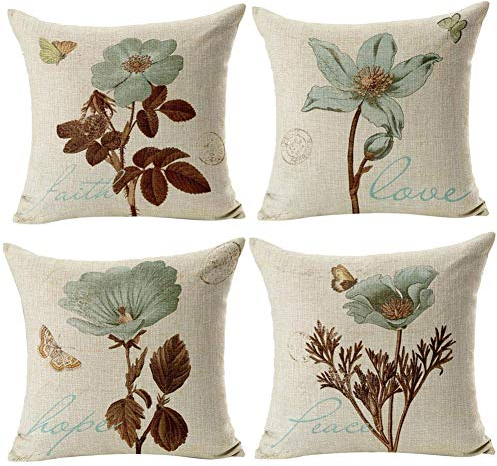 Freeas Kissenbezug 45 x 45 cm, Baumwolle Leinen Retro Blume Kissenhülle Taille Wurf Kopfkissenbezug für Zuhause und Sofa, Schlafzimmer Dekoration, 4 Stück (Set-K)