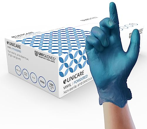 UNIGLOVES Unicare Guanti Monouso in Vinile Blu - Guanti Monouso Multiuso, Leggermente Talcati, Senza Lattice - confezione da 100 Guanti, Blu, Small (GS0092)