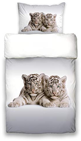 Schwanberg Bettwäsche Tigra Weiß Grau Gestreifte Baby Tiger Motiv Wildkatze Renforcé Softtouch, Größe:135 cm x 200 cm