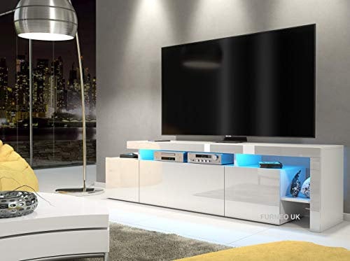 Furneo White TV Stand 186cm Unit Matt & High Gloss Indisio01 Blue LED Lights