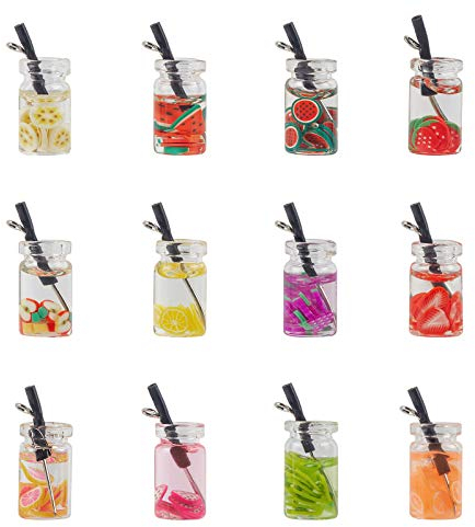 NBEADS 60 Stück Mini Fruit Tea Anhänger, 12 Farben Harz Flasche Tee Charms Dangle Ohrring Halskette Anhänger Für DIY Schmuckherstellung
