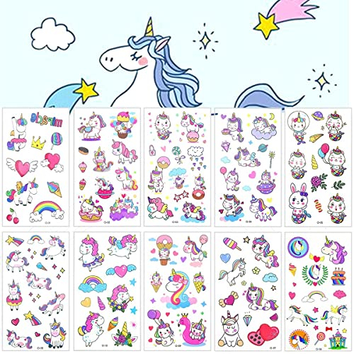 Tattoo Kinder 10 Blätter Einhorn Set, Temporäre Tattoos Aufkleber, Wasserdichte Kindertattoos Sticker für Mädchen/Jungen Kindergeburtstag Mitgebsel Party
