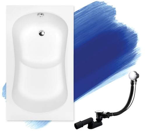 BADLAND Badewanne Original Weiß Acryl Wanne Rechteck ARIA REHAB 120x70 KOMPLETTSET SET mit Premium Wannenträger + Füßen und Exklusive Chrom Automatik Ablaufgarnitur Made in EU 4in1