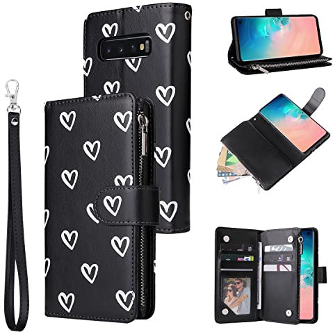 UEEBAI Handyhülle für Samsung Galaxy S10, Retro Reißverschluss Hülle PU Leder Weiche Klapphülle Magnetverschluss Kartenfach Standfunktion Geldbörse Trageband Schutzhülle - Schwarz Herz