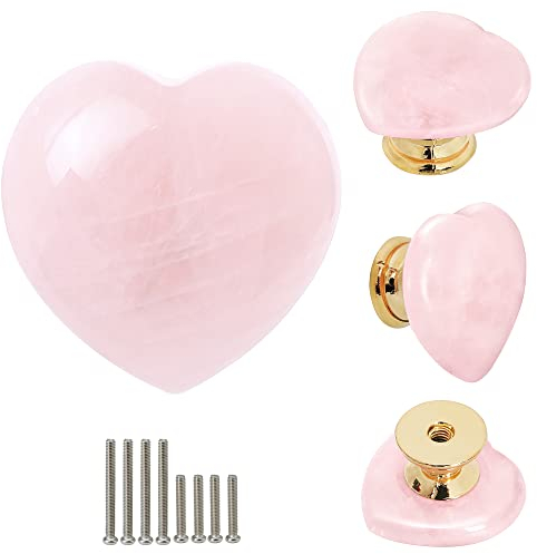 Malimali Rose Quartz Heart Cabinet Knobs, Pink Crystal Dresser Drawer Pulls for Girls, Cute Gold Knobs for Bifold Closet Door Cupboard Kitchen Bathroom