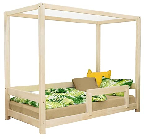 Benlemi Kinderbett aus Holz mit Rausfallschutz und Betthimmel BUNKY 90x200 cm Transparent gewachst Jugendbett aus Fichtenholz für Kinder- und Jugendzimmer