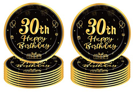 16 PCS Assiette Jetable 9 Pouces,Assiette Anniversaire Noir Gold,Decoration Anniversaire 30 Ans,Assiette Dessert Jetable pour Fêtes Joyeux Anniversaire Decoration,Kit Vaisselle Jetable Anniversaire