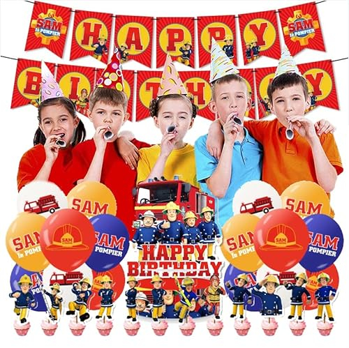 RZDQZY Feuerwehrmann Sam Geburtstag Deko - Luftballons, Girlande, Kuchen Topper in Blau, Rot, Gelb, Grün, Pink