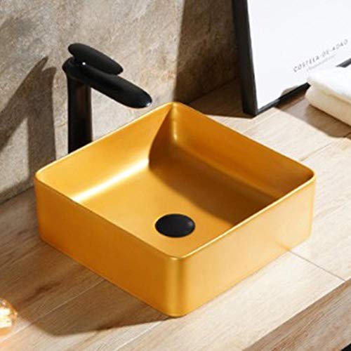 ADITAM Badezimmer-Waschbecken Nordic Quadratischer Tisch Badezimmerschrank Waschbecken Kunstbecken Keramikschale Mattgold Glas Waschbecken (Color : Yellow, Size : 37x37x12cm) Double the Comfort