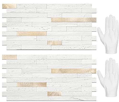 STICKGOO 20 Sheets Peel and Stick Backsplash Tile, Stick on Backsplash for Kitchen and Bathroom, White Sandstone Look PVC Mixed Metal Gold Self Adhesive Wall Tiles