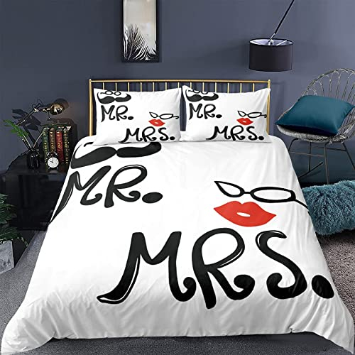 TAKOLI Bettwäsche 135 x 200 Pärchen Liebe, Weiche Microfaser Mr Mrs Muster Sexy Rote Lippen Bettwäsche Set 2 teilig - Schwarz Weiß Bettbezug & 1 Kissenbezüg 80x80, mit Reißverschluss