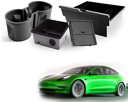 Shop4EV Cockpit Bundle für Tesla Y (alle) & 3 (vor 10/23) – Organizer & Geheimfach Mittelkonsole, Becherhalter. Optimaler Stauraum, beflocktes Innenfutter, Robustes ABS. Sparset