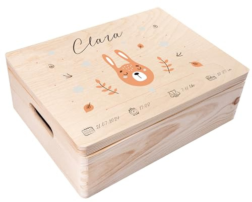 Creative Deco Erinnerungsbox Baby Personalisierte mit Namen - Hase Pastell | Individuelle Erinnerungskiste Geschenk zur Geburt für Mädchen und Jungen | Holzkiste mit Deckel | Farbdruck