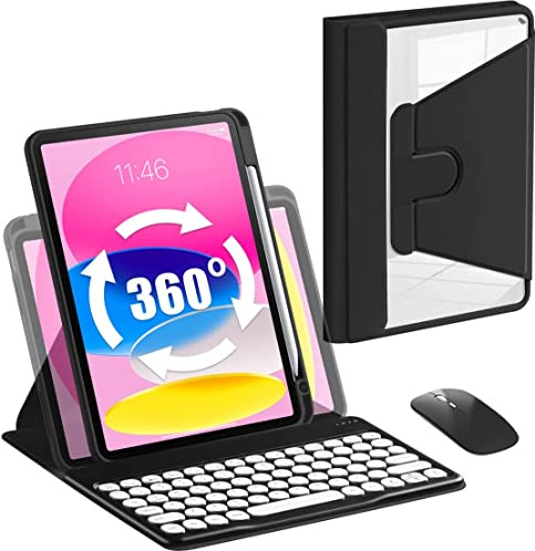 QYiiD iPad Air 5th 4th Generation Rotating Keyboard Case iPad Pro 27.9 cm 2022 2021/2020/2018, Transparent Back Vertical Stand Cover, Cute Round Keys Detachable Wireless Keyboard Mouse Set, Black