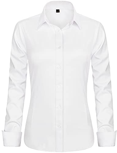 J.VER Womens White Shirts Long Sleeve Fitted Dress Blouse Shirts Stretch Executive Office Work Business Formal Shirt XL