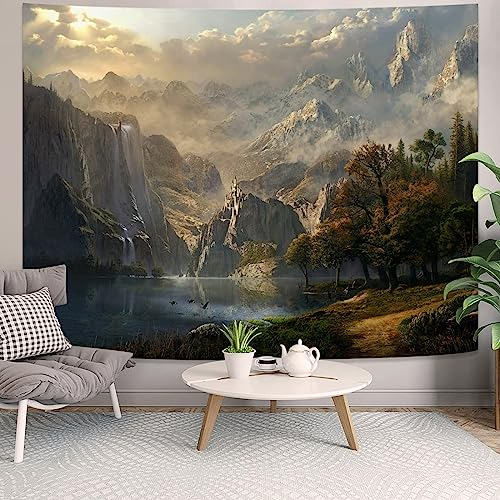 kampdream Fantasy World Wandteppich, Bergwald, See, Landschaft, Wildnis, Sonnenschein, Natur, Wasserfall, Wandteppich für Schlafzimmer, Wohnzimmer, warm, 91,4 x 122,9 cm