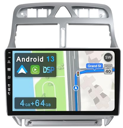 YUNTX [4GB+64GB] Android 13 2 Din Autoradio para Peugeot 307 SW CC (2002-2013)-[Integrado CarPlay/Android Auto/DSP/GPS]-IPS 2.5D 9”Touch Screen-CAM+MIC-DAB/Bluetooth 5.0/360 Cámara/Control del Volante