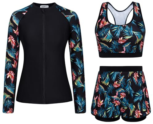 JASAMBAC Women's Rash Guard Shirts with Shorts 3 Piece Long Sleeve Long Sleeve Bathing Suit for Hiking Fishing Workout UPF 50+ UV Protection Blue Leaves M